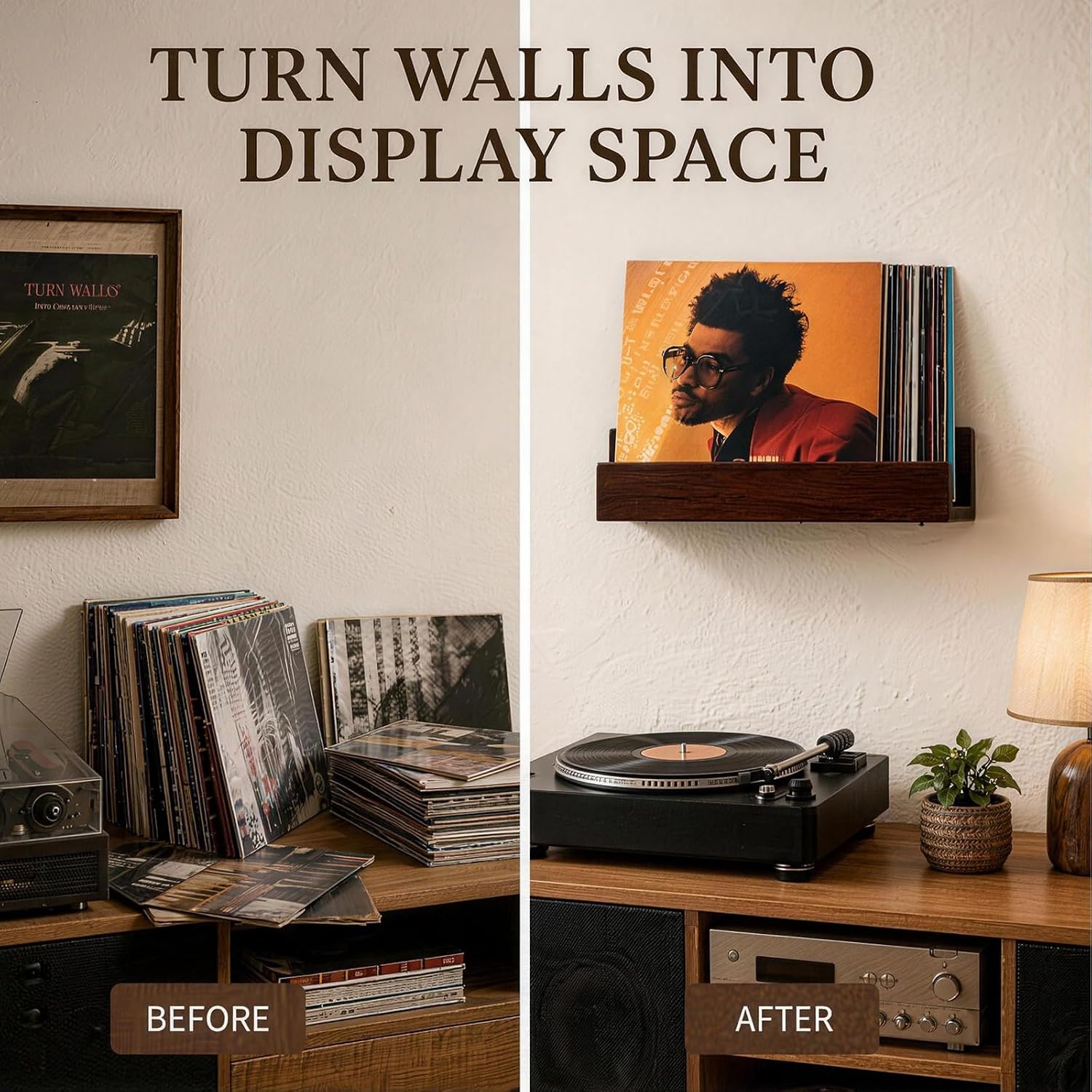 Large Wall Mount Vinyl Record Display, Solid Structure Vinyl Holder Wall, Multi Space Record Holder, Decorative Album Storage Rack for Living Room Bedroom Music Room Dark Walnut Finish