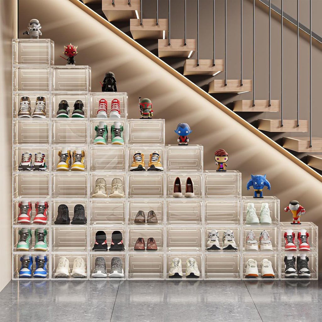 Upgraded Clear Shoe Storage Boxes Stackable 9 Pack Shoe Organizer for Closet, Drop Front Shoe Boxes with Magnetic Door, Shoe Sneaker Display Case, Shoe Storage Organizer, Fit US Size up to 13
