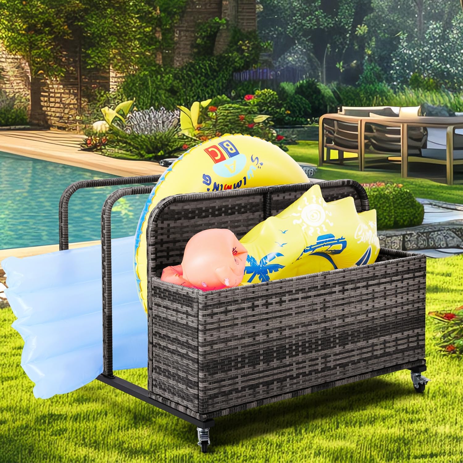 Poolside Float Storage Organizer,Pool Toy Storage Holder with Wicker Basket Outdoor Pool Float Holder Rack Rolling Poolside Caddy Cart Raft Rack for Pool Noodle Equipment Mixed Grey