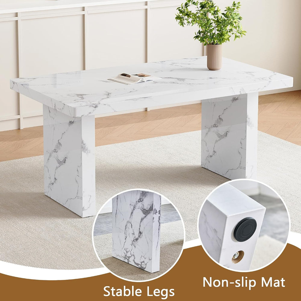 63" Dining Table Set for 6, White Faux Marble Dining Room Table and 6 PU...