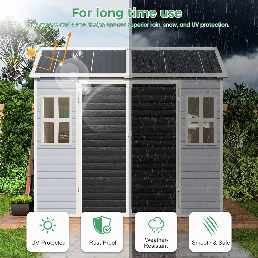 6x8 FT Plastic Storage Sheds Outdoor with Floor and Window, Utility All-Weather Resin Shed Easy to Install, Large Sheds & Outdoor Storage/Tool Shed for Backyard Patio Lawn, Gray