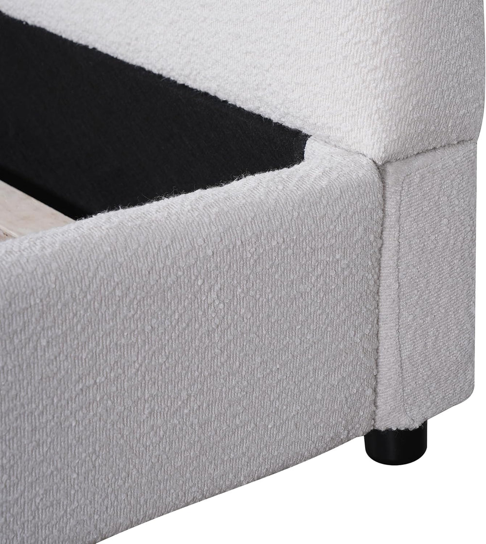 Queen Bed Frame, White Boucle Upholstered Curved Arch Headboard