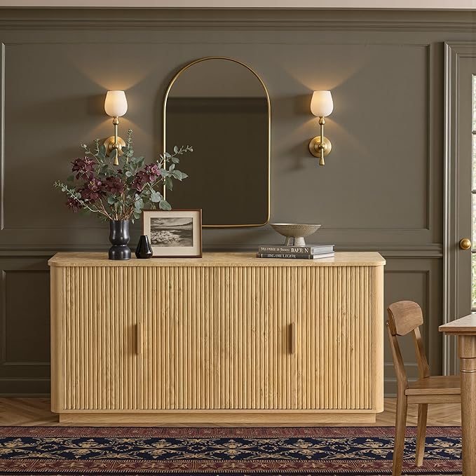 win2win 63" Fluted Sideboard Buffet Cabinet with Faux Marble Top, Modern Credenza with Storage, Wood Boho Media TV Console Accent Cabinet for Living Room Kitchen Hallway, Oak