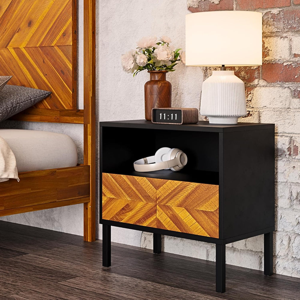 Bme Vivian Solid Wood Nightstand, End Table, Bedside Table with Herringbone P...