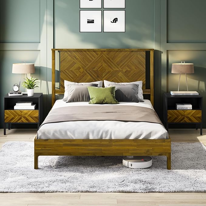 Bme Ethan Queen Bed Frame with Diamond Headboard, Mid-Century Modern, Solid Acacia Wood, No Box Spring Needed, Fits All Mattresses, Rustic Brown