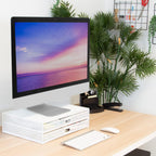 Mount-It! Mesh Computer Monitor Stand Riser [Metal] Desk Organizer with Two Pullout Storage Drawers for Desktop, Laptop, and Printer Accessories and Office Supplies (White)