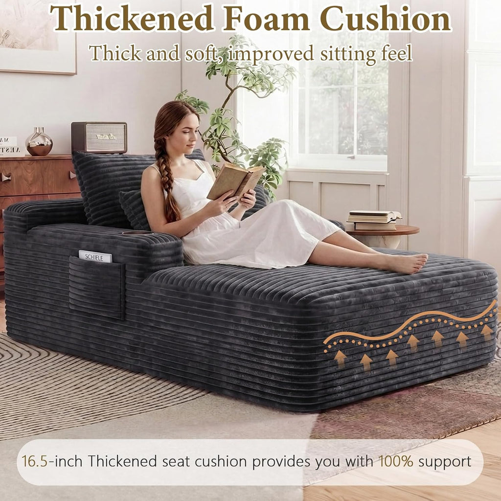 65" Chaise Lounge Chair Indoor,Oversized Boneless Lounge Chair with Side Pockets Cup Holders,Corduroy Cloud Reading Chair for Living Room Bedroom,Deep Seat Sleeper Couch, No Assembly ,Dark Grey