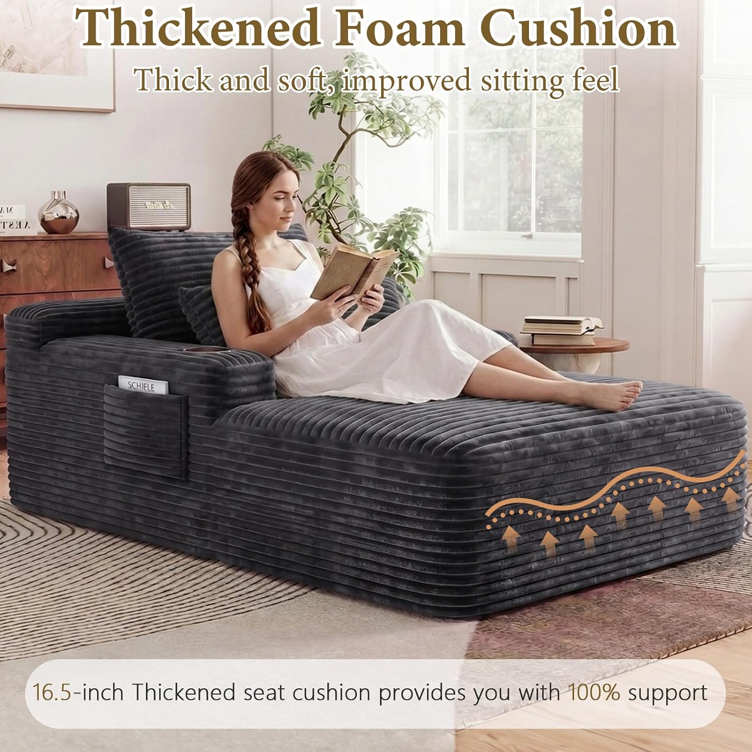 65" Chaise Lounge Chair Indoor,Oversized Boneless Lounge Chair with Side Pockets Cup Holders,Corduroy Cloud Reading Chair for Living Room Bedroom,Deep Seat Sleeper Couch, No Assembly ,Dark Grey