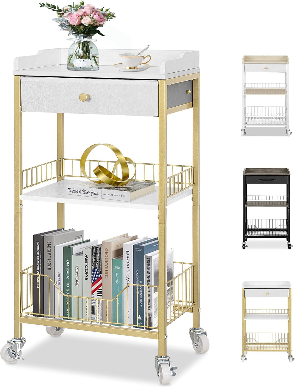 Gold & White Side Table with Storage Basket, Tall End Table with Drawer, ...