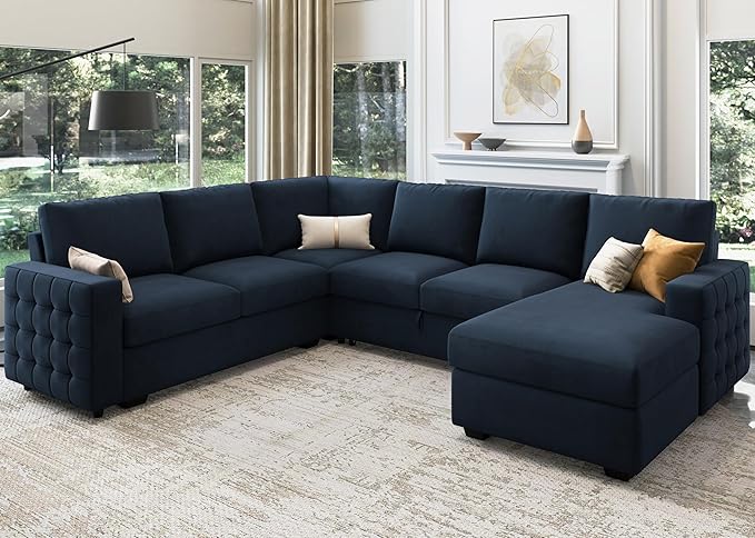 HONBAY Sectional Sleeper Sofa with Pull Out Bed U-Shape Sectional Couch Sleeper Bed with Storage Chaise Lounge Living Room 6 Seater Sectional Sofa,Velvet Dark Blue