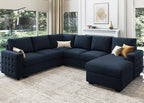 HONBAY Sectional Sleeper Sofa with Pull Out Bed U-Shape Sectional Couch Sleeper Bed with Storage Chaise Lounge Living Room 6 Seater Sectional Sofa,Velvet Dark Blue