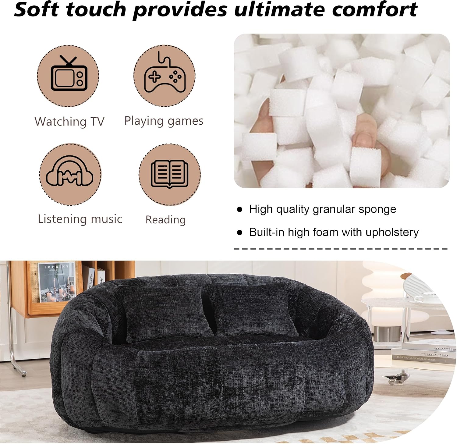 QQU Giant Bean Bag Chairs for Adult and Kids with 2 Pillows, 2-Seat Bean Bag Sofa with Armrest and Back, Chenille Loveseat Filling high -Density Foam, Large Lazy Sofa for Living Room, Bedroom,Black
