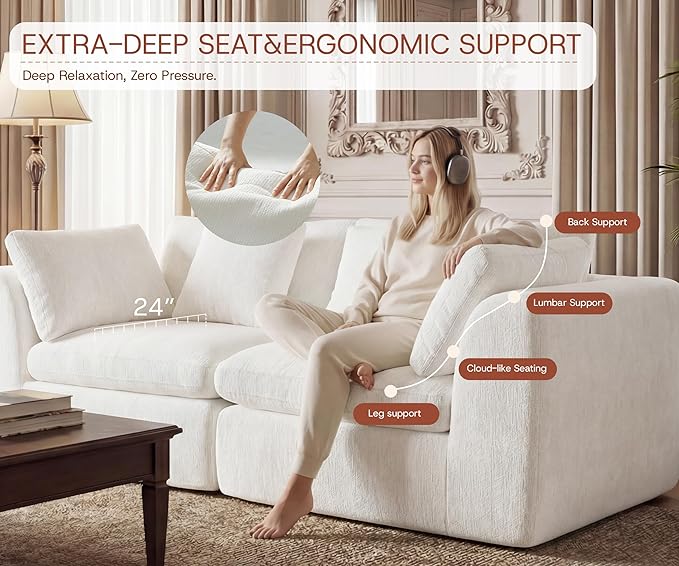 79'' Oversized Cloud Sectional Boneles Loveseat for Living Room, Modern Big Compressed 2 Seater Couch with 2 Throw Pillows, Comfy Chenille Deep Seat Memory Foam Spineless 2 Person Couch, Beige | No Assembly Needed, Premium Chenille, Flexible Modular, W...