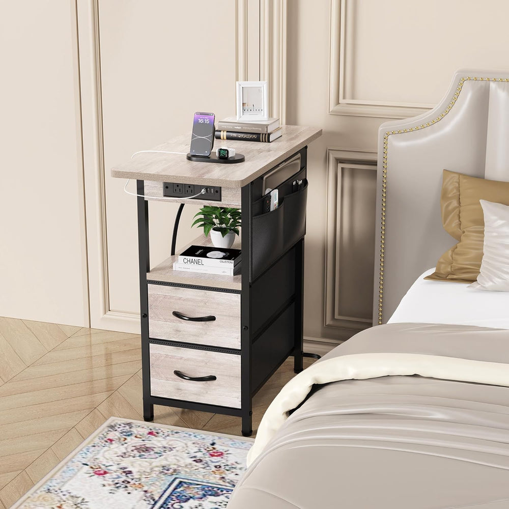 Yenlure Small Side Table with Charging Station, Narrow Nightstand Bedside Tab...