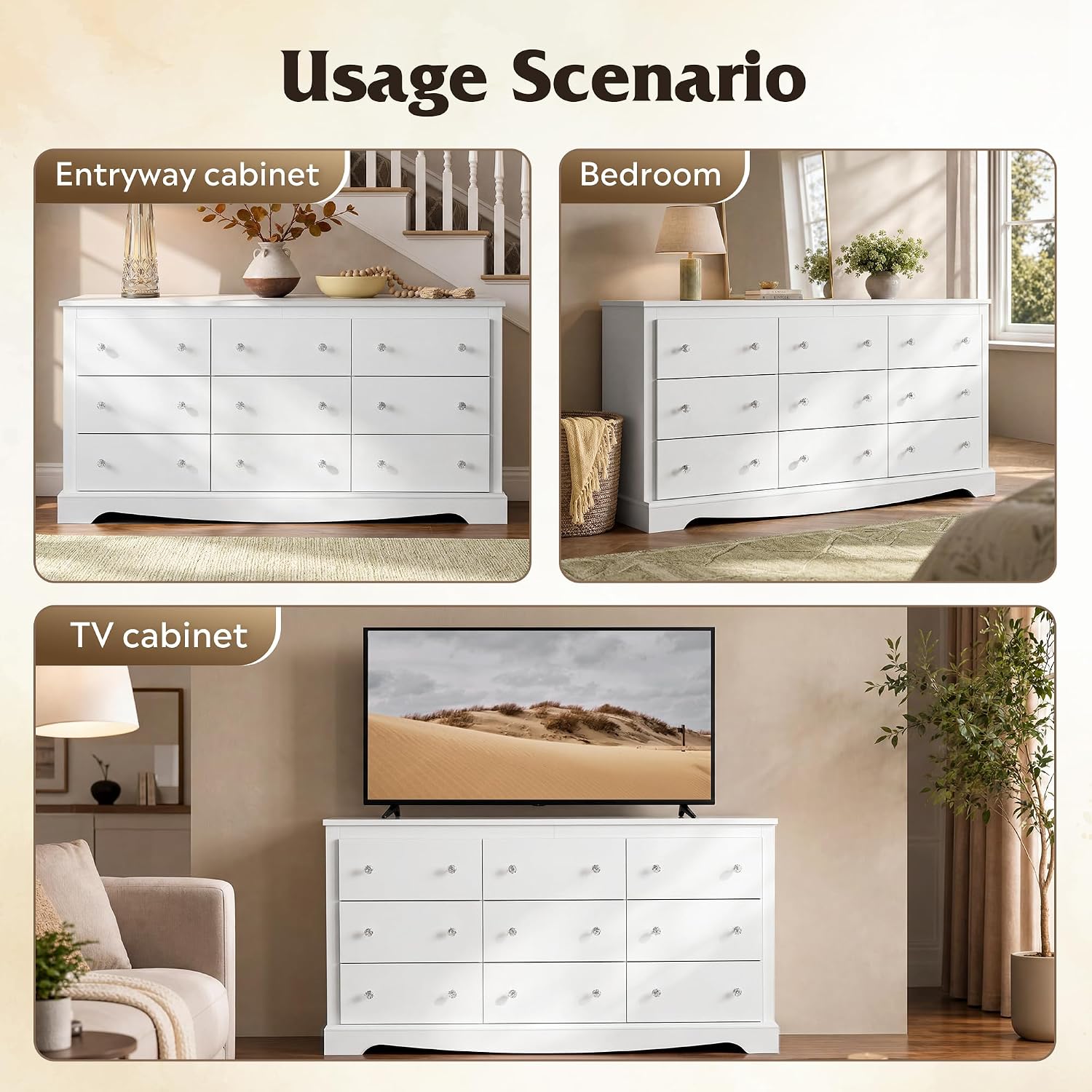 WLIVE 63" Dresser for Bedroom, Modern 9 Drawer Dresser with Exclusive Anti-Tip Structure, Large Wooden Chest of Drawers with Metal Handles for Living Room, Hallway, Closet, Home Furniture, White