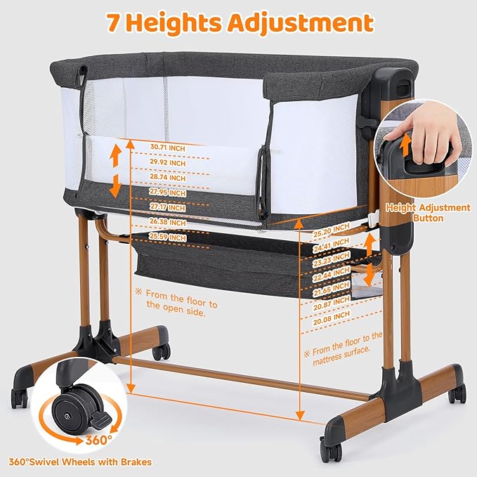 Ezebaby 3-in-1 Baby Bassinet, Rocking Baby Bassinets Bedside Sleeper, Adjustable Portable Crib for Newborn Infant with Wheels Storage Basket and Mesh Sides