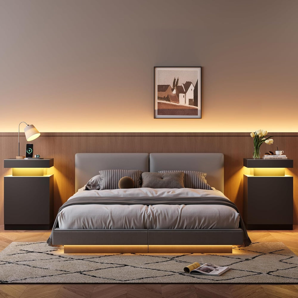 MXV Nightstand with LED Lights & Charging Station, Black Bedside Tables w...