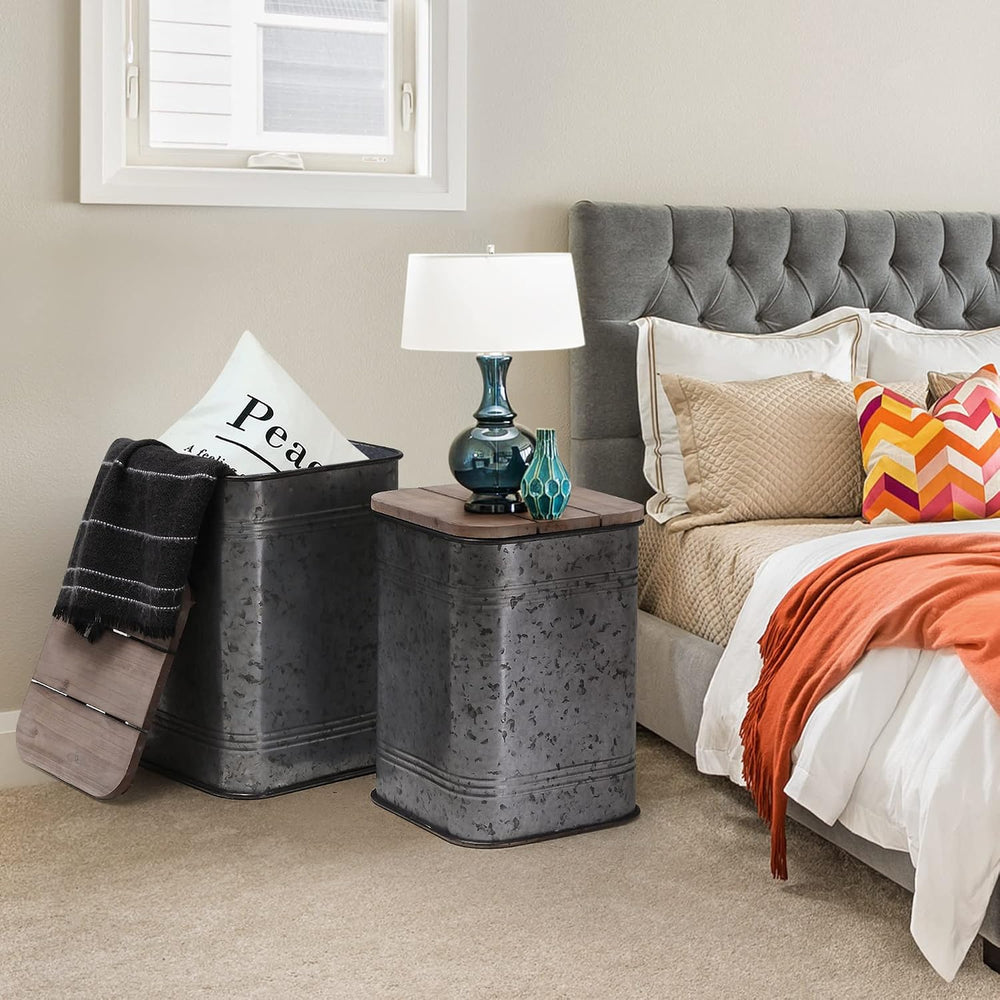 RUSTOWN Farmhouse Accent Side Table, Set of 2 Galvanized Storage Ottoman | An...