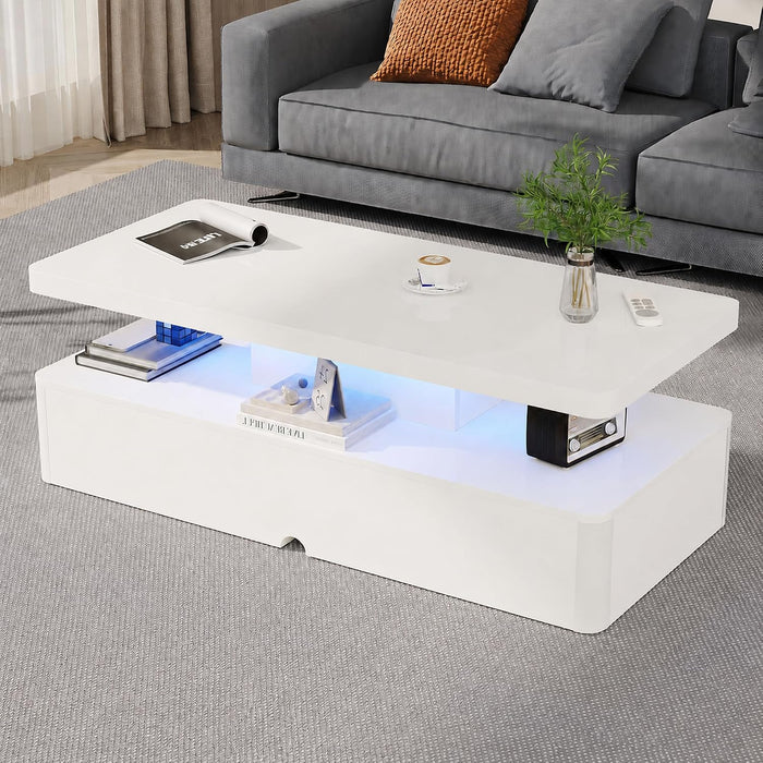 MXV 47" Modern Coffee Table with 16 Color LED Lights, 2 Tier Rectangular Coffee Table with Storage, High Glossy Wood Center Table for Living Room, White