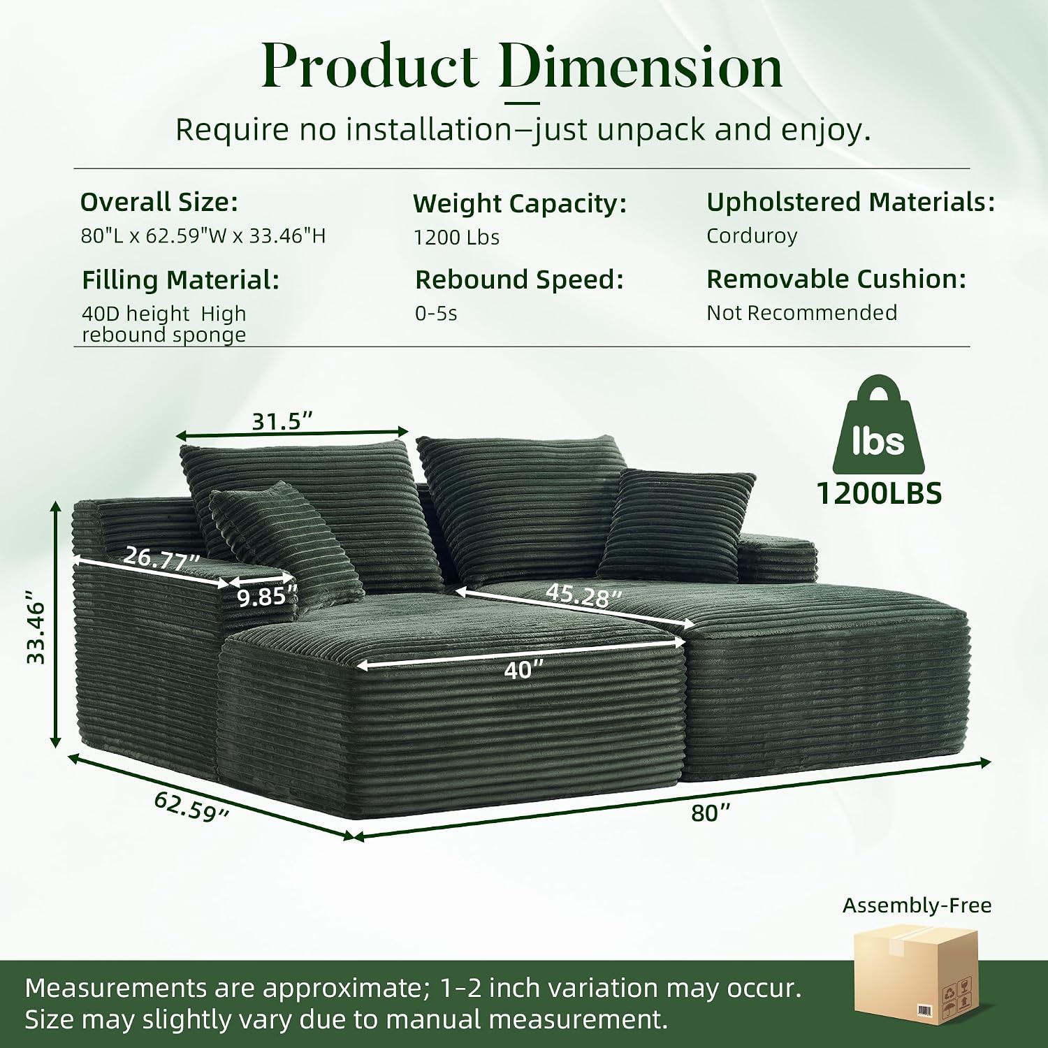 80" Boneless Chaise Lounge Chair Indoor, Double Chaise Lounge Chairs Indoor,Boneless Loveseat Chairs with Comfort Corduroy, No Assembly Required/40D Memory Foam/Living Room/Bedroom (Green)