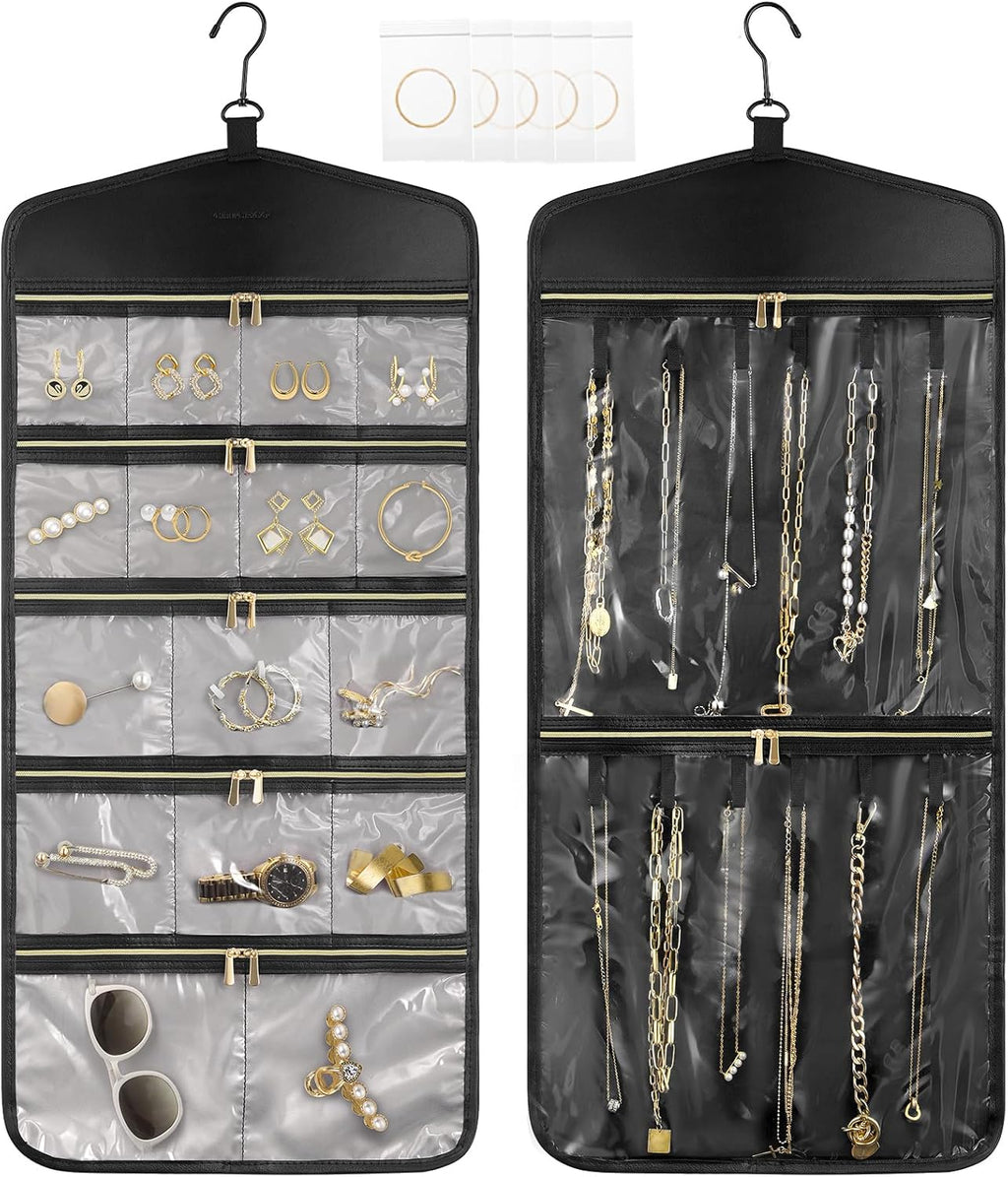 CHICECO Travel Jewelry Holder Organizer,Hanging Jewelry Organizer Storage with Zippered Pockets for Cloest,Jewelry Holder for Earrings, Necklaces (Grey Black)