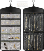 CHICECO Travel Jewelry Holder Organizer,Hanging Jewelry Organizer Storage with Zippered Pockets for Cloest,Jewelry Holder for Earrings, Necklaces (Grey Black)