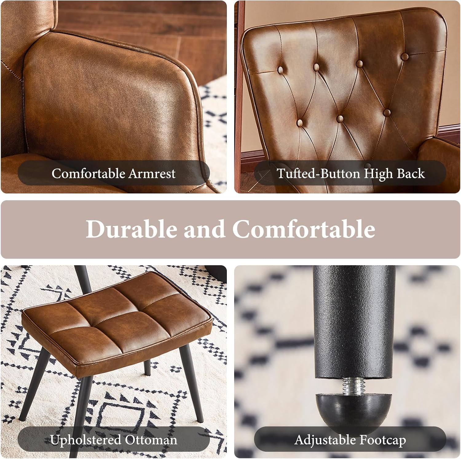 Furniliving PU Leather Accent Chair with Ottoman, Upholstered Reading Chair with High Backrest, Tufted-Button Wingback Armchair for Bedroom, Dressing Room, Home Office, Brown