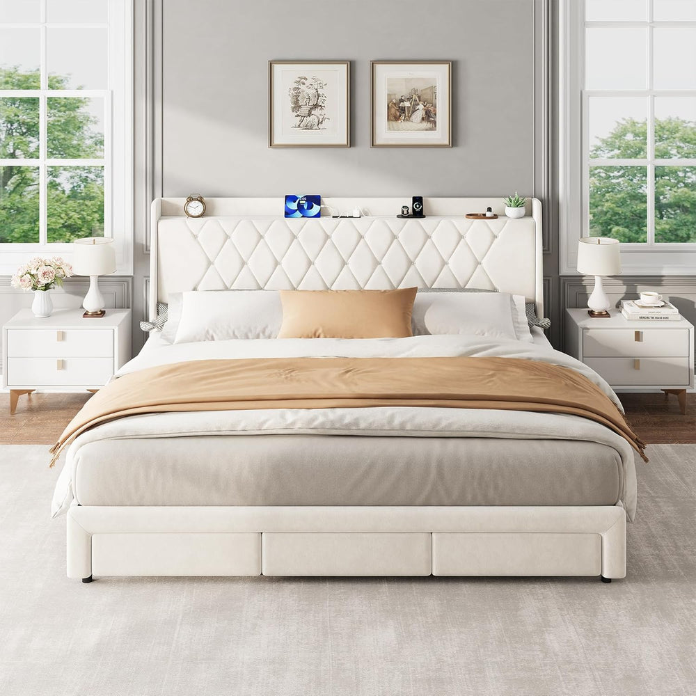 Garvee King Size Bed Frame with Storage, Velvet Upholstered Platform Bed Fram...