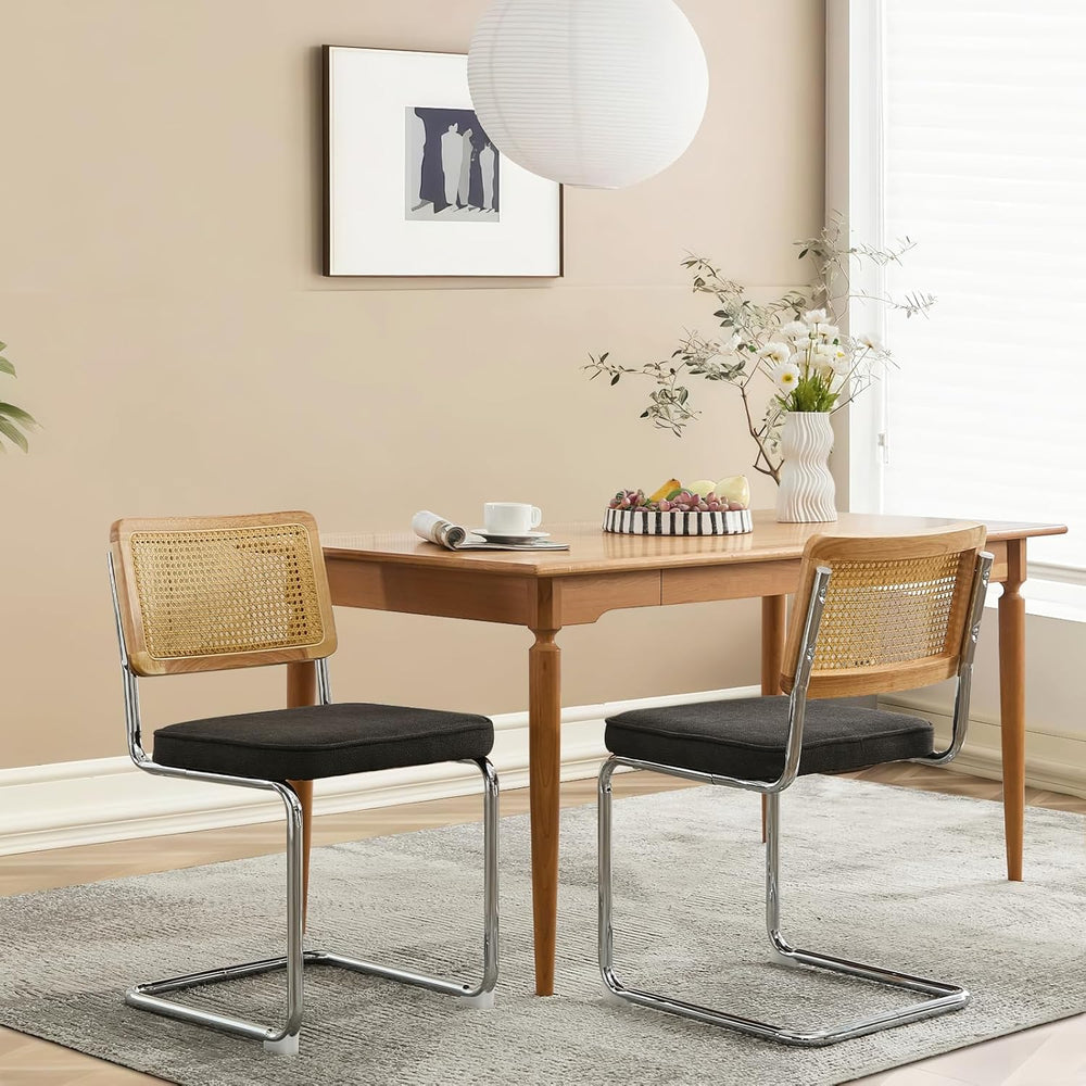 Rattan Back Linen Dining Chair Set of 4 Modern Breuer Designed Stainless Chro...