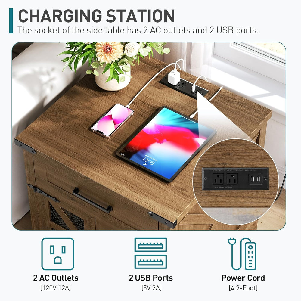 RALGEND Walnut Farmhouse End Table with Charging Station, 24" Large Sofa...