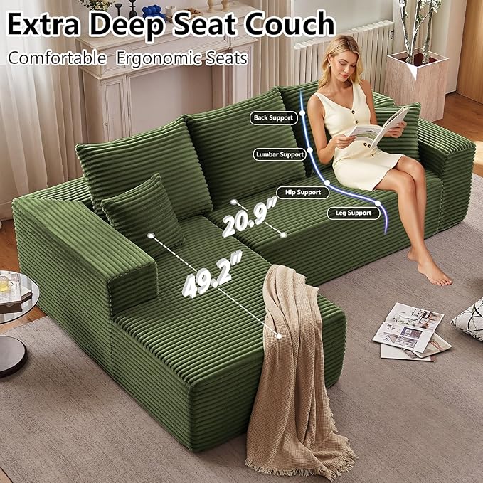 107" Cloud Sectional Couch with L-Shape Chaise, Modern Modular Comfy Sofa with Deep Seat, Upholstered Corduroy Couches Sleeper Chaise Longue for Living Room Bedroom, No Assembly Required, Green