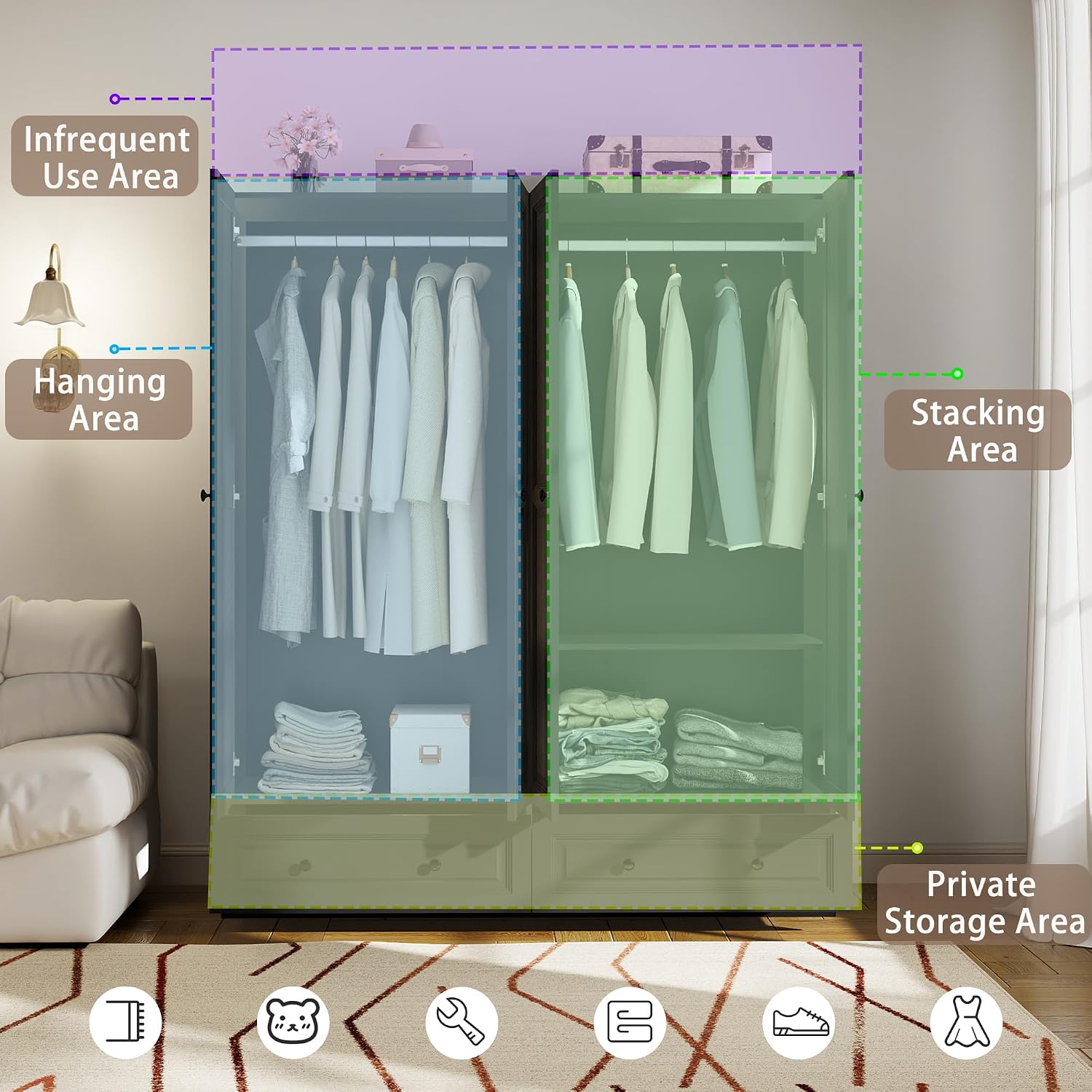 Armoire Wardrobe Closet with Doors: 74" Large Wardrobe Closet with 2 Drawers and 4 Doors, Modern Black Bedroom Armoires, Tall Closet Cabinet for Hanging Clothes (Black, 63")