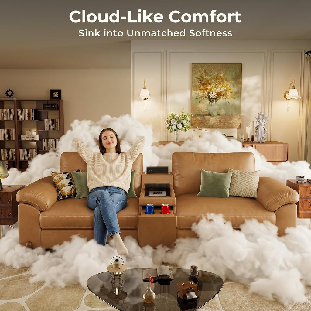 Cloud Couch Sectional, 3 Seater L-Shaped Sofa, Faux Leather in Brown | Pet-Friendly Scratch-Resistant Leather Sectional Sofas for Living Room, Deep Seat Wide Couch with Chaise, Storage Ottoman