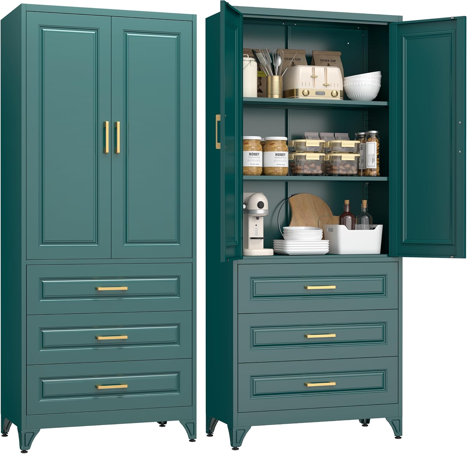 UNICOLY 75" Kitchen Pantry Cabinet, Metal Storage Cabinet with Drawer | Tall Pantry Storage Cabinets with Doors and Shelves, Large Freestanding Cupboard for Dining Room, Assembly Required, Green