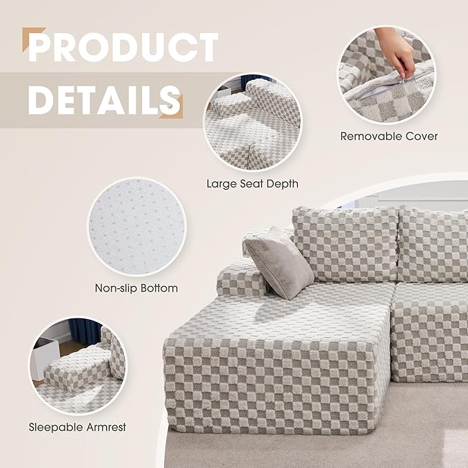 Hobestluk Modular Sectional Sofa Couches L-Shape Couch 3 Seat Modular Sofa Memory Foam Sectional Couches for Living Room, Cloud Couch with Oversized Chaise (96" Left Facing Chaise)