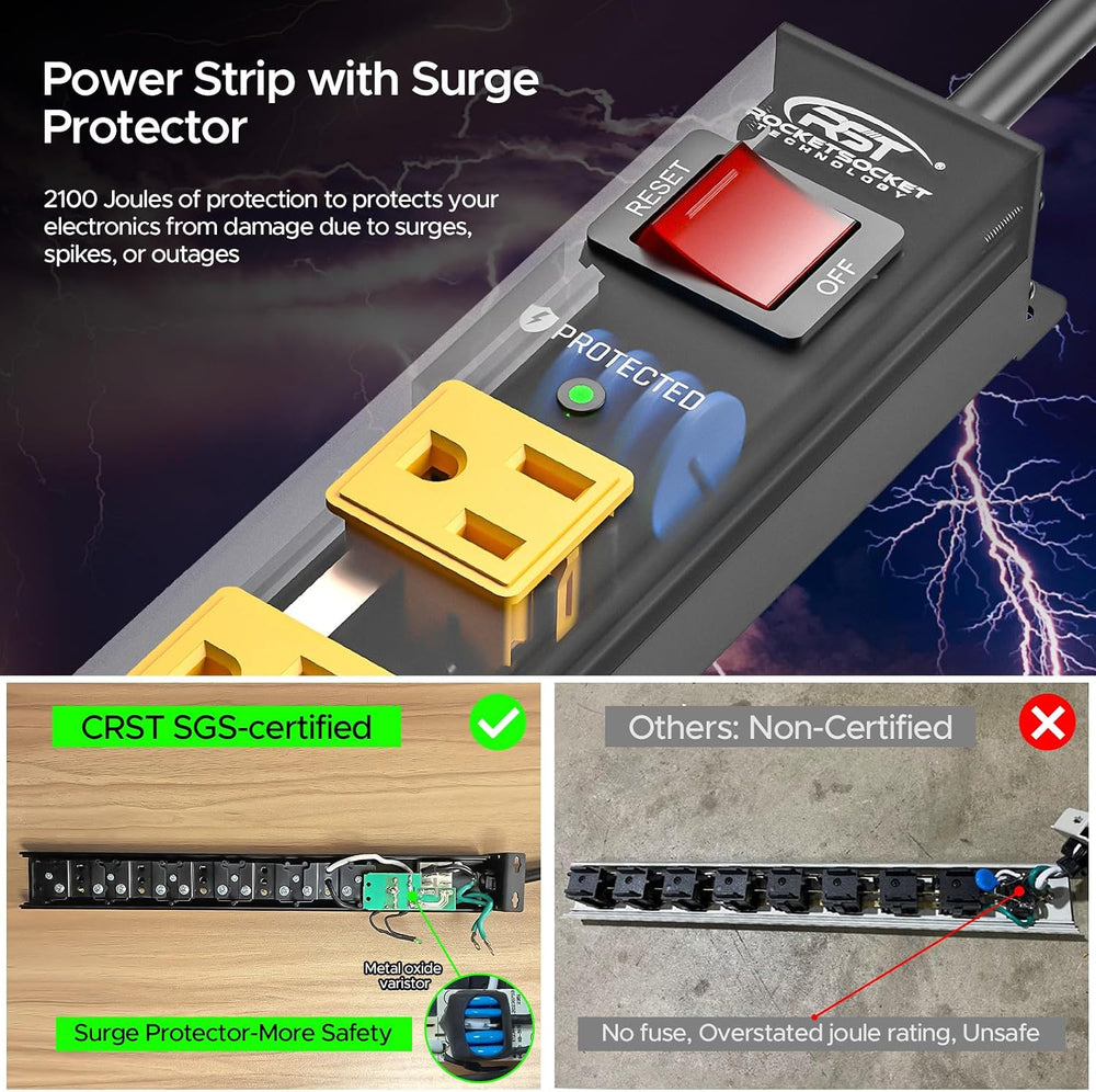 2 Pack 8 Outlet Heavy Duty Power Strip with Switch,15A/1875W, 6FT