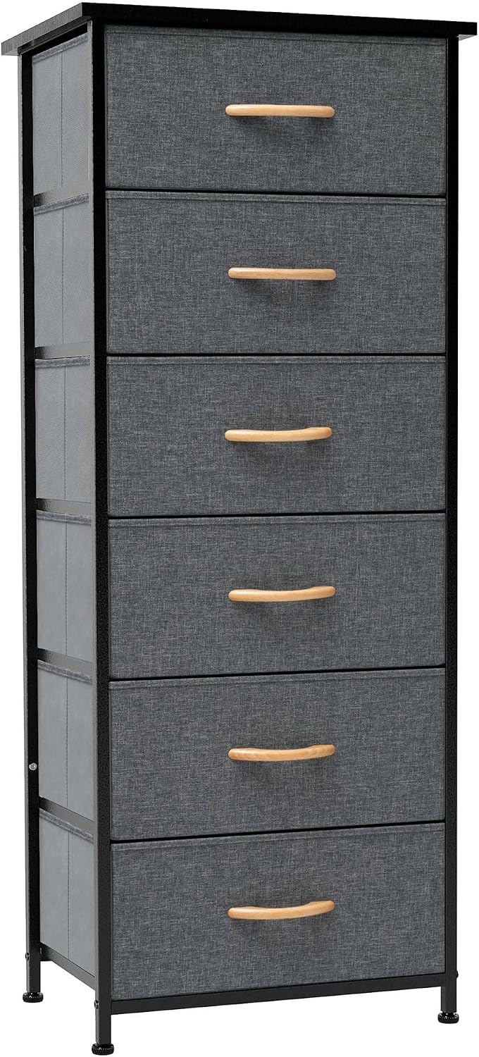 Tall 6-Drawer Fabric Dresser Tower for Closet, Vertical Storage, Gray | Sturdy Steel Frame, Wood Top and Easy Pull Fabric Bins Handles - Organizer Unit for Bedroom, Hallway, Entryway