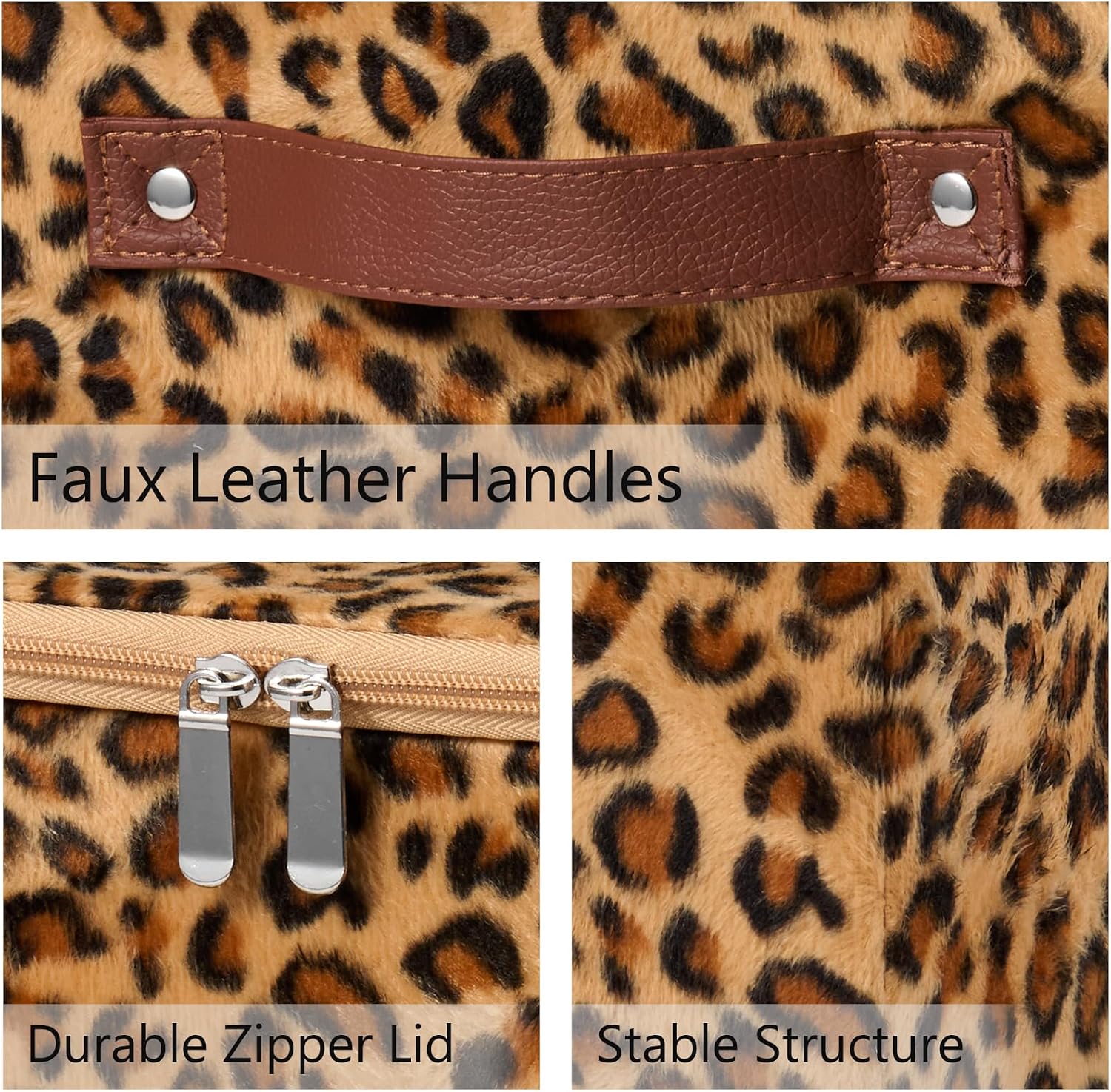 Storage Bins Boxes with Zipper Lid Leopard Print Cute Velvet Fabric Basket PU Leather Handles PP Plastic Board Foldable Washable Lidded Closet Shelf Organizer Container (Small Size)