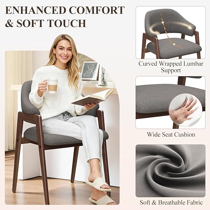 Wooden Dining Chairs Set of 6, Modern Fabric Upholstered Dining Room Chair, Kitchen Side Chairs, Farmhouse Dinner Chair with Curved Open Back for Kitchen, Grey