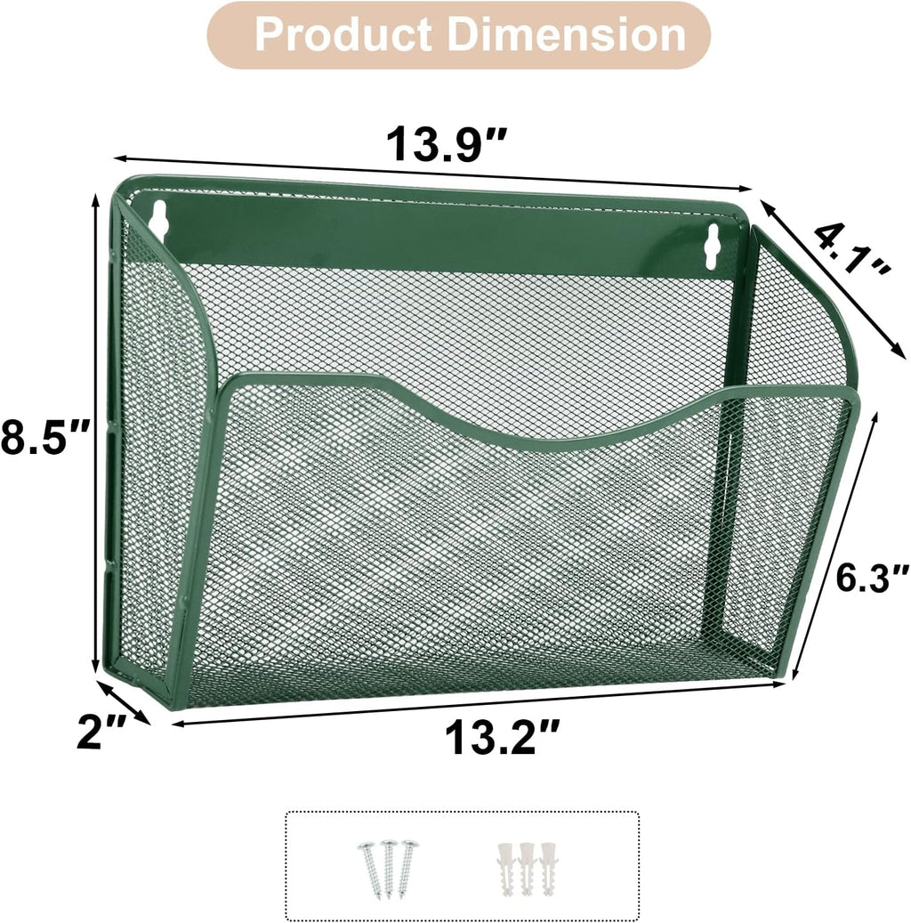 EASEPRES 3 Single Pocket Mesh Hanging File Organizer, Vertical Wall Mounted Magazine File Holder, Mount Basket Mail Paper Document Folder Organizing for Office, Home and School, Dark Green