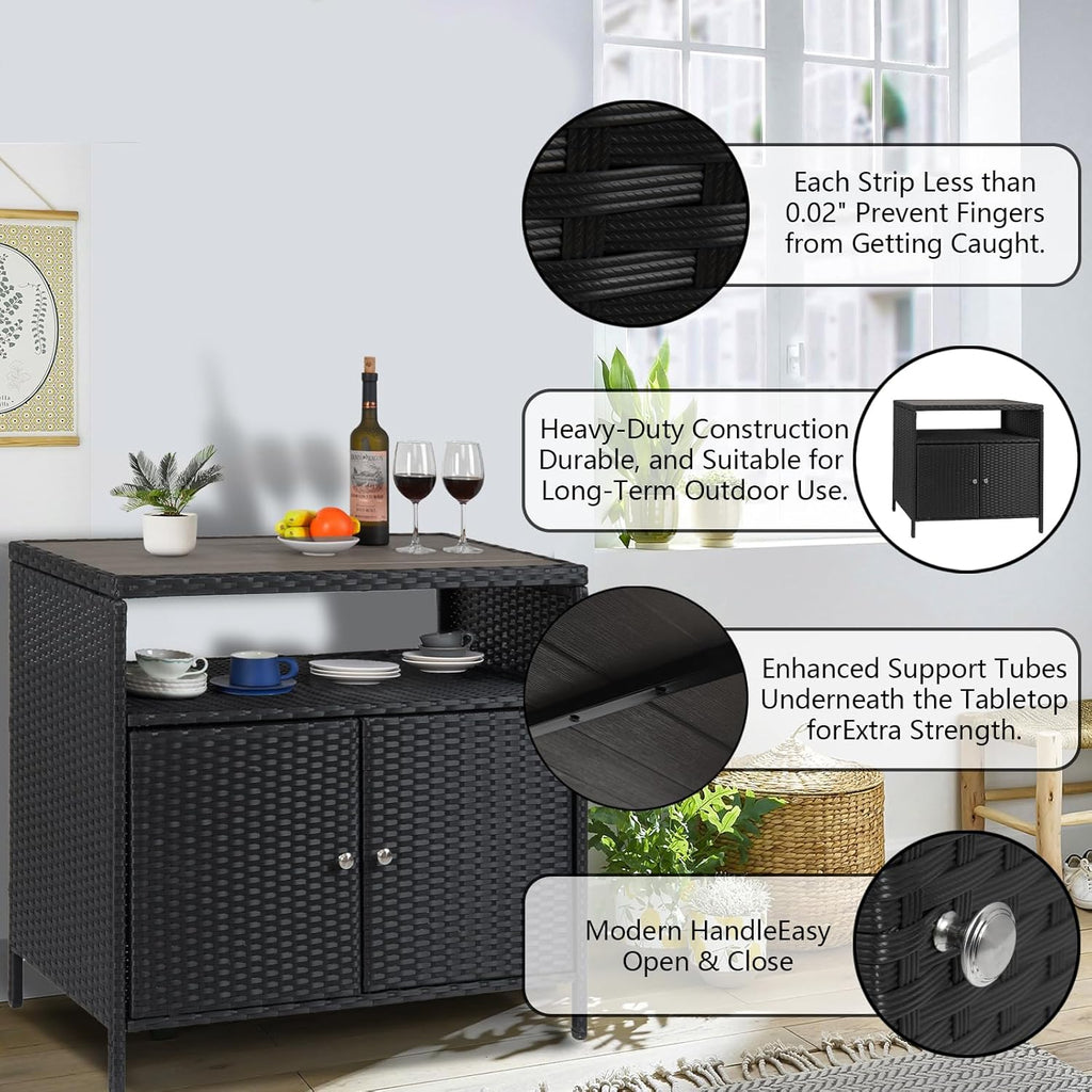 Garvee Patio Outdoor Wicker Storage Cabinet with Shelf, Powder Coated Steel, Patio Bar Table with 2-Door and Shelf, All Weather Resin Wicker, Patio Pool Garden Kitchen, Grey Table