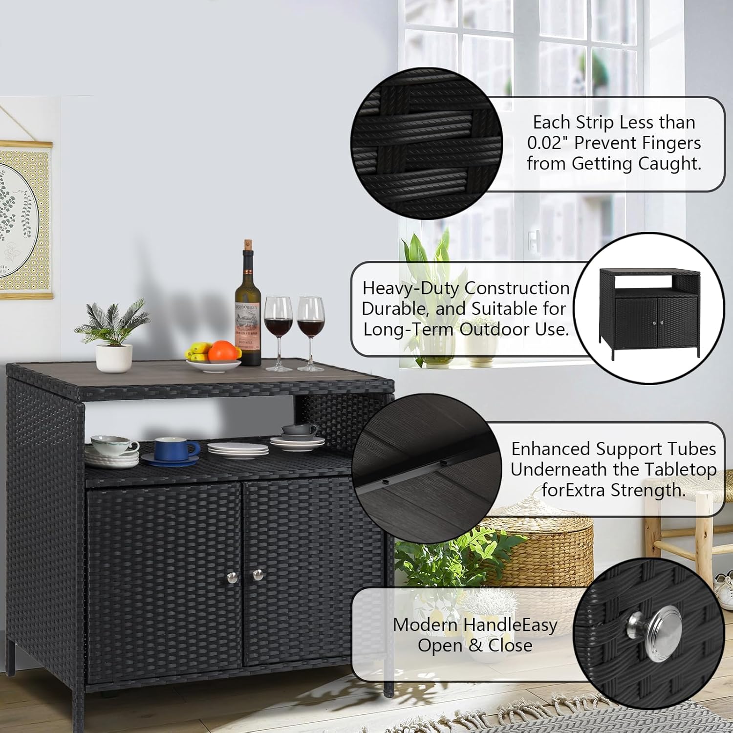 Garvee Patio Outdoor Wicker Storage Cabinet with Shelf, Powder Coated Steel, Patio Bar Table with 2-Door and Shelf, All Weather Resin Wicker, Patio Pool Garden Kitchen, Grey Table