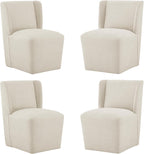 KISLOT Upholstered Dining Chairs Set of 4 with Casters, Wingback Modern Side Armless Deskchair with Rollers for Diningroom Bedroom Livingroom Reading Room, Cream Beige Fabric