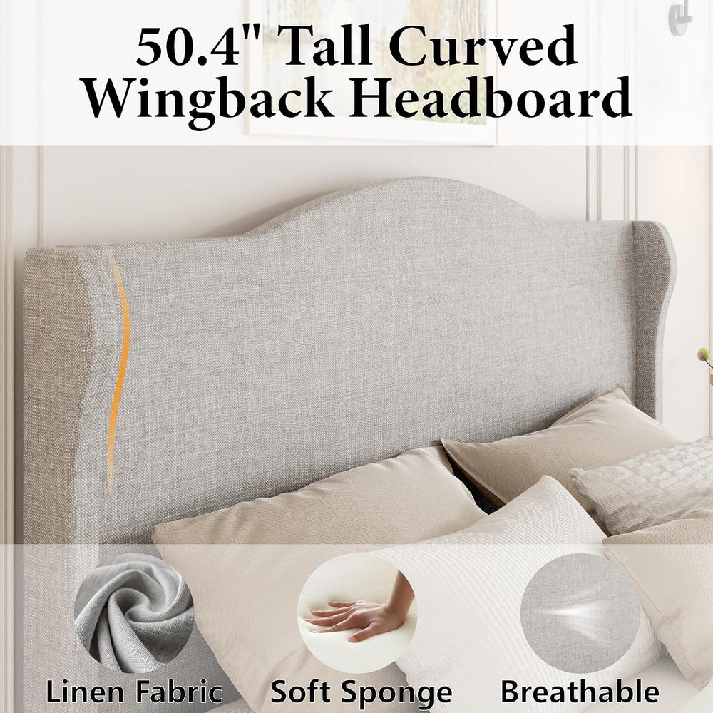 Tall Headboard Queen Bed Frame, Beige