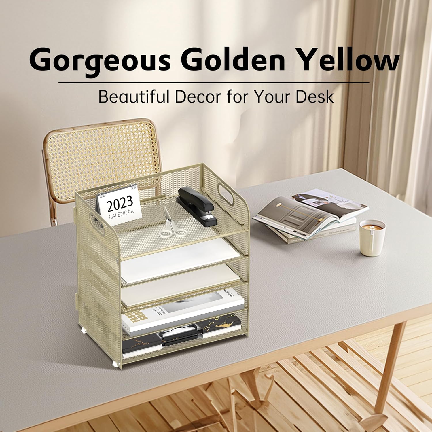 Supeasy 5 Trays Paper Organizer Letter Tray with Handle-Mesh Desk File Organizer,Pink Paper Sorter Desk Organizer for Office, Home or School (Gold Yellow)