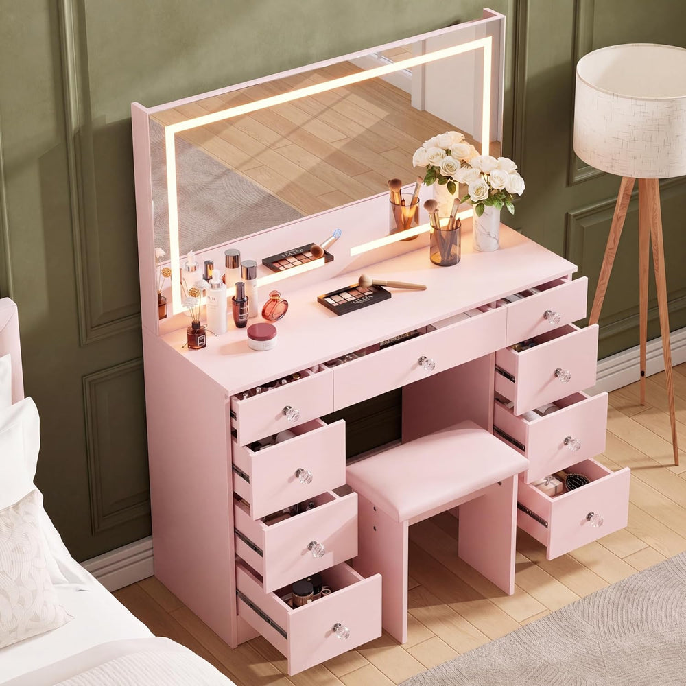 SMOOL Vanity with Mirror and Lights - Vanity Desk with Outlet and 9 Drawers |...