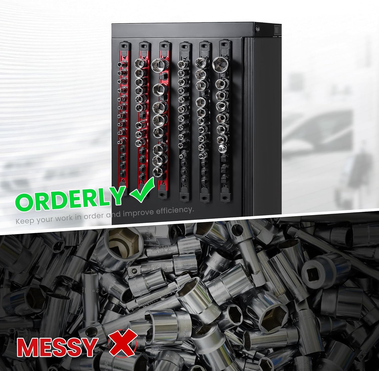 ALOANES 3/8-Inch Drive Magnetic Socket Organizer, Heavy Duty Aluminum Socket Rail Organizer, 360° Swivel Clips Socket Holder Kit for Tool Box, 3/8-Inch Socket Holder x 14 Clips (Black)