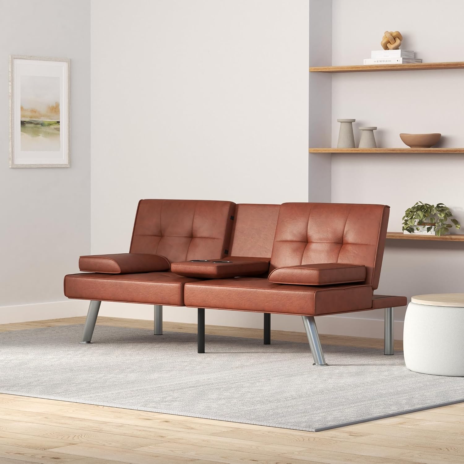 Best Choice Products Faux Leather Upholstered Modern Convertible Futon, Adjustable Folding Sofa Bed, Guest Bed w/Removable Armrests - Medium Brown