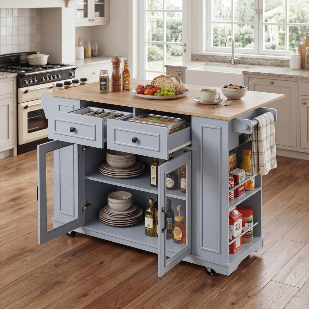 Rolling Kitchen Island Cart with Wood Countertop, Mobile Kitchen Storage Cart...