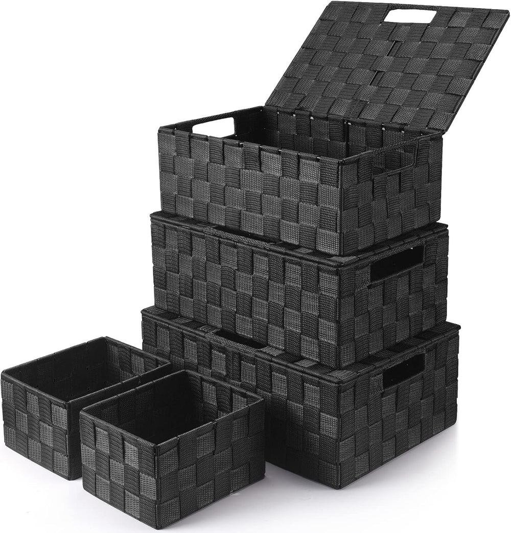 Storage Baskets with Lids: 5 Pack Stackable Woven Storage Bins, Black